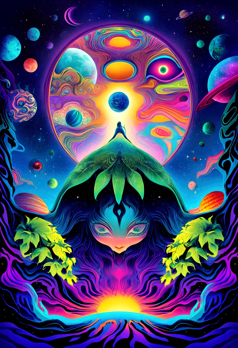 HD details, pilot, planet in background, Psychedelic cosmic horror, Psychedelic illustrations, Cosmic Space, growing plants, world of psychopaths, art graphic space background, Illustration of the universe, Cosmic Space, LSD universe art poster, There is space in the back., Space scene, Surreal Area, Cosmic style