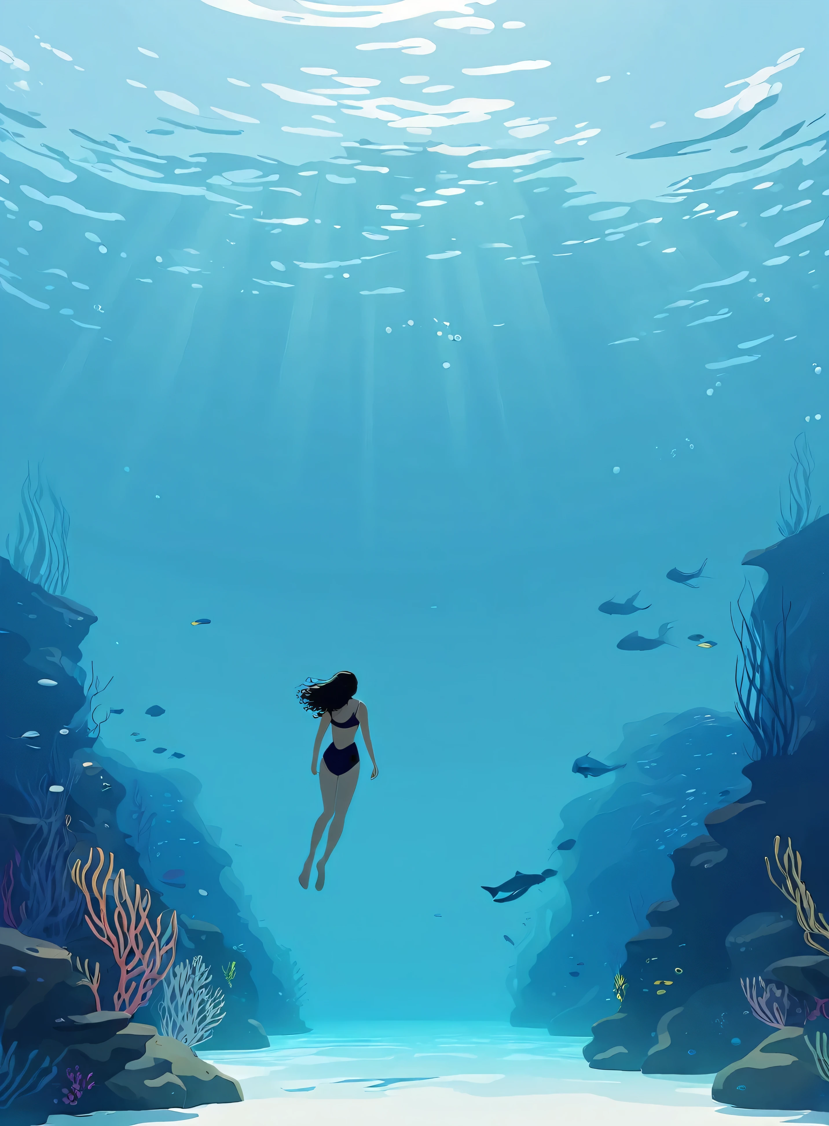 Minimalist Journey, diving, Solitary, 1 girl swimming gracefully with beautiful curves, Minimalism, Under the Sea, illustration.