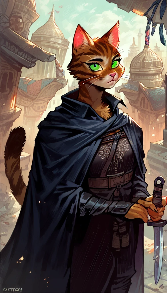 score_9, score_8_up, score_7_up, (fantasy buildings, fantasy DnD-style city on background),
 ((catfolk), anthro, solo, female, (closeup portrait, focus on face, crouch), (holding dagger, assasin, rogue), ((wearing dark robe with cape)), (cat fur)), beautiful