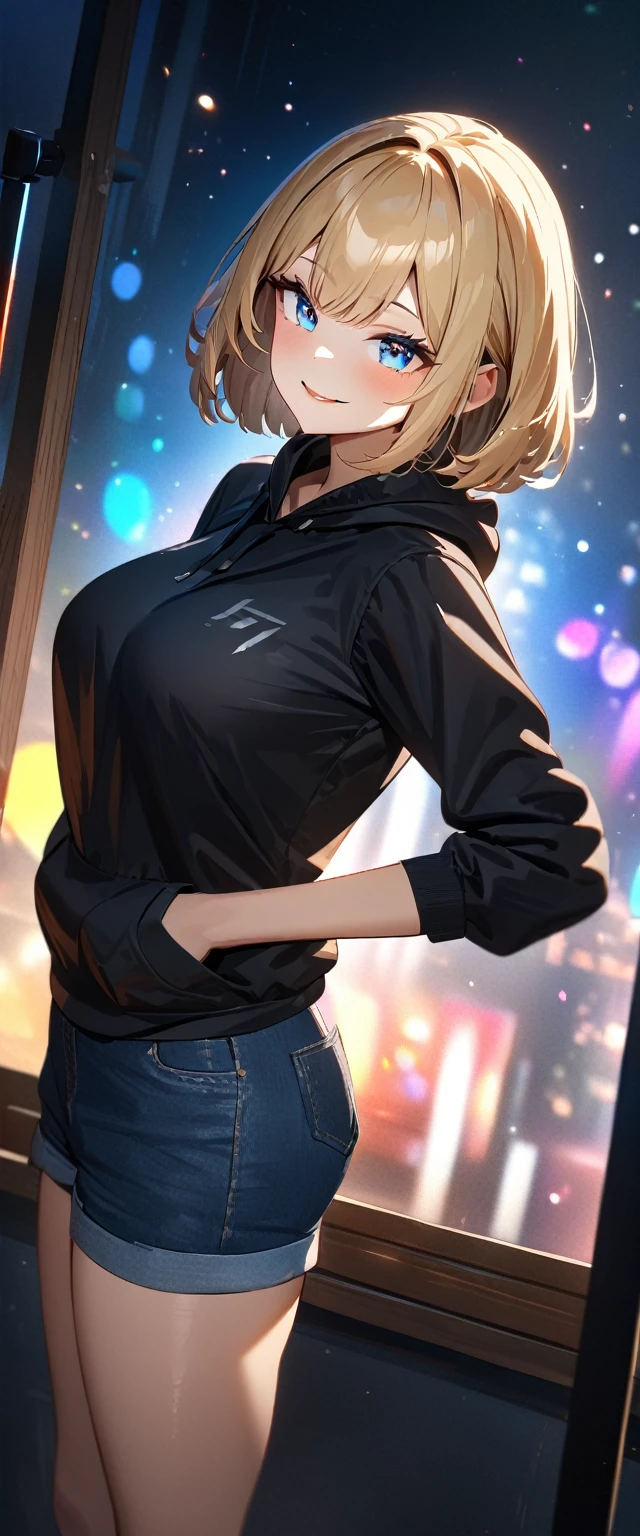 (((One girl))), blond hair, bob cut, (upper body), (looking at viewer), from above, big breasts, head tilt, (((blue eye))), (from side), hand in pocket, ((naughty smile)), black hoodie, shorts, anime style, (best quality, 4k, 8k, highres, masterpiece:1.2, ultra-detailed, ultra-detailed eyes, HDR, UHD, studio lighting, ultra-fine painting, sharp focus, physically-based rendering, extreme detail description, professional, vivid colors, bokeh)