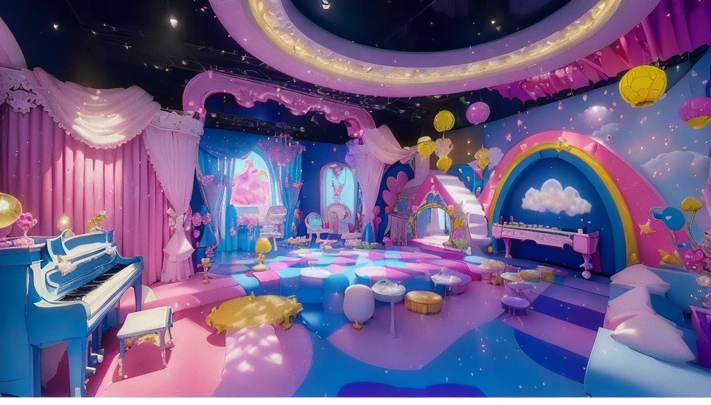 arafly decorated room with a piano, piano, and a piano, magical area, in a candy land style house, amusement park interior design, kawaii hq render, virtual metaverse room, magical environment, magical colored theme, lie on white clouds fairyland, magical dream-like atmosphere, fantasy land, softplay, kids place, very magical and dreamy