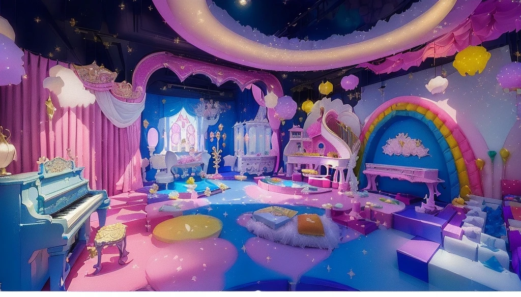 arafly decorated room with a piano, piano, and a piano, magical area, in a candy land style house, amusement park interior design, kawaii hq render, virtual metaverse room, magical environment, magical colored theme, lie on white clouds fairyland, magical dream-like atmosphere, fantasy land, softplay, kids place, very magical and dreamy