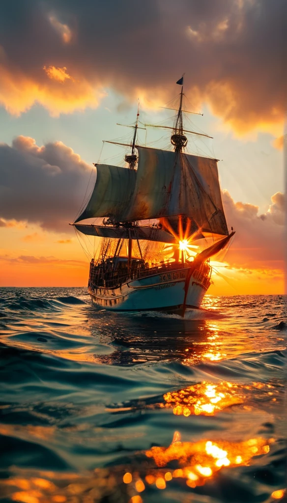 A stunning seascape, beautiful sunrise over the open ocean, a sailing ship gliding towards the first rays of the sun, dramatic sky colors, ultra-detailed, realistic, photorealistic, HDR, cinematic lighting, dramatic atmosphere, dramatic ocean waves, dramatic clouds, masterpiece, highly detailed, vibrant colors, golden hour, ethereal, serene, calm sea, atmospheric, magnificent, breathtaking, awe-inspiring, sunrise time