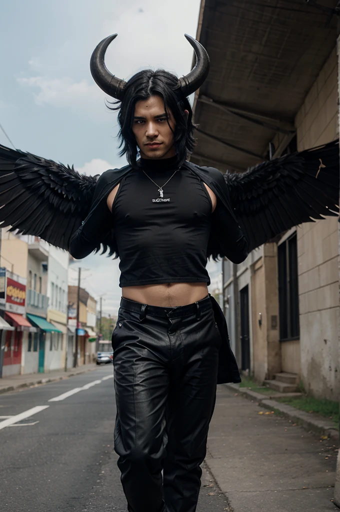 The character is a guy with black hair, black clothes, wings, Kalilawar, black pants and horns