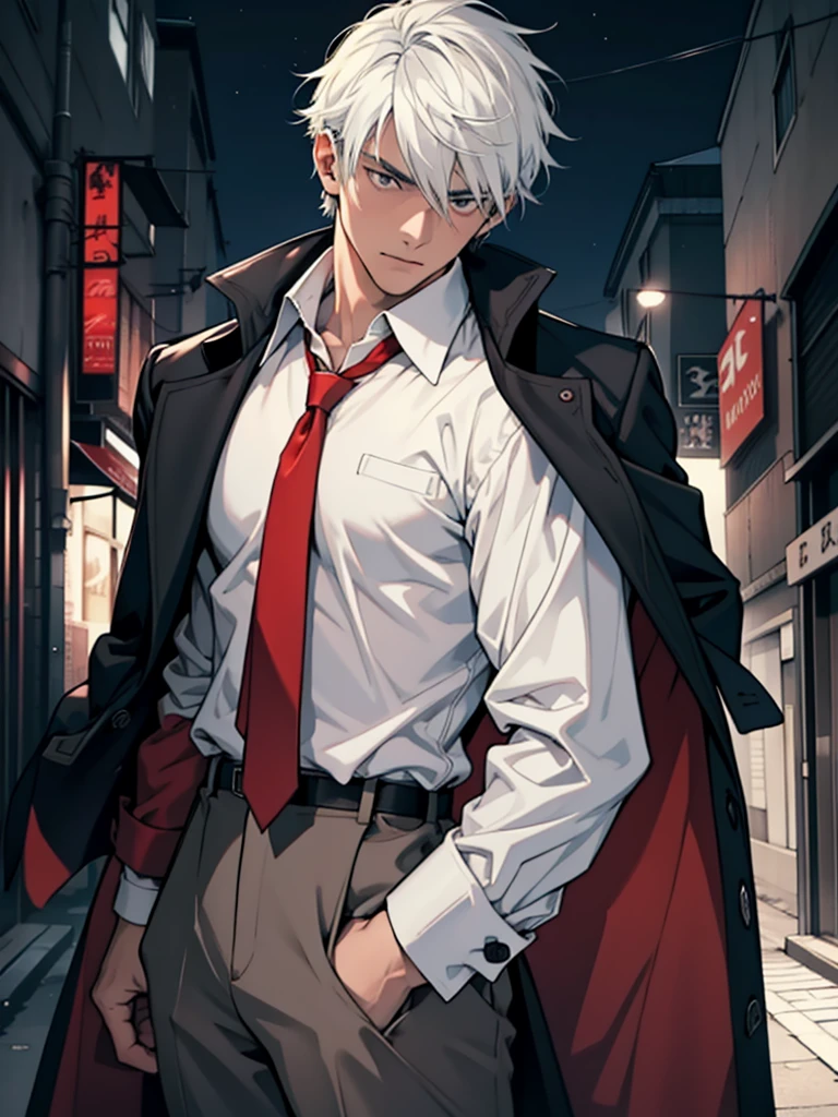 1 boy, 27 years old，Looking at the camera，Male focus, Solitary, Black and white hair, tie, red tie, shirt, trench coat, coat, white shirt, night, outdoor, ((masterpiece))