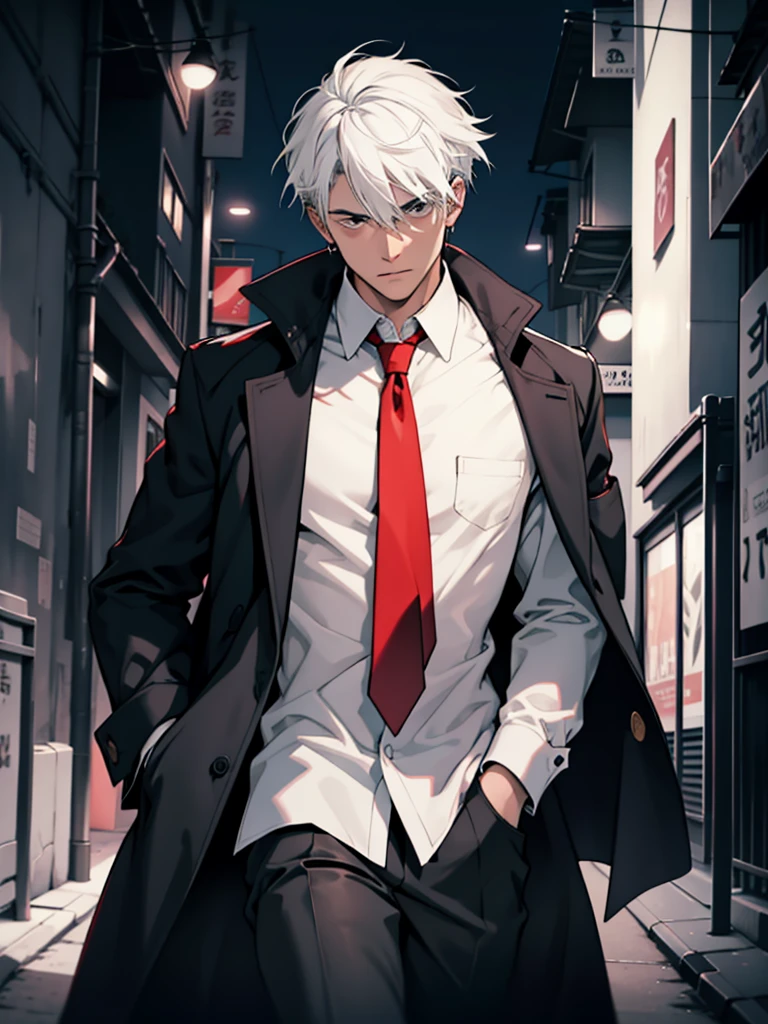 1 boy, 27 years old,Looking at the camera,Male focus, Solitary, Black and white hair, tie, red tie, shirt, trench coat, coat, white shirt, night, outdoor, ((masterpiece))