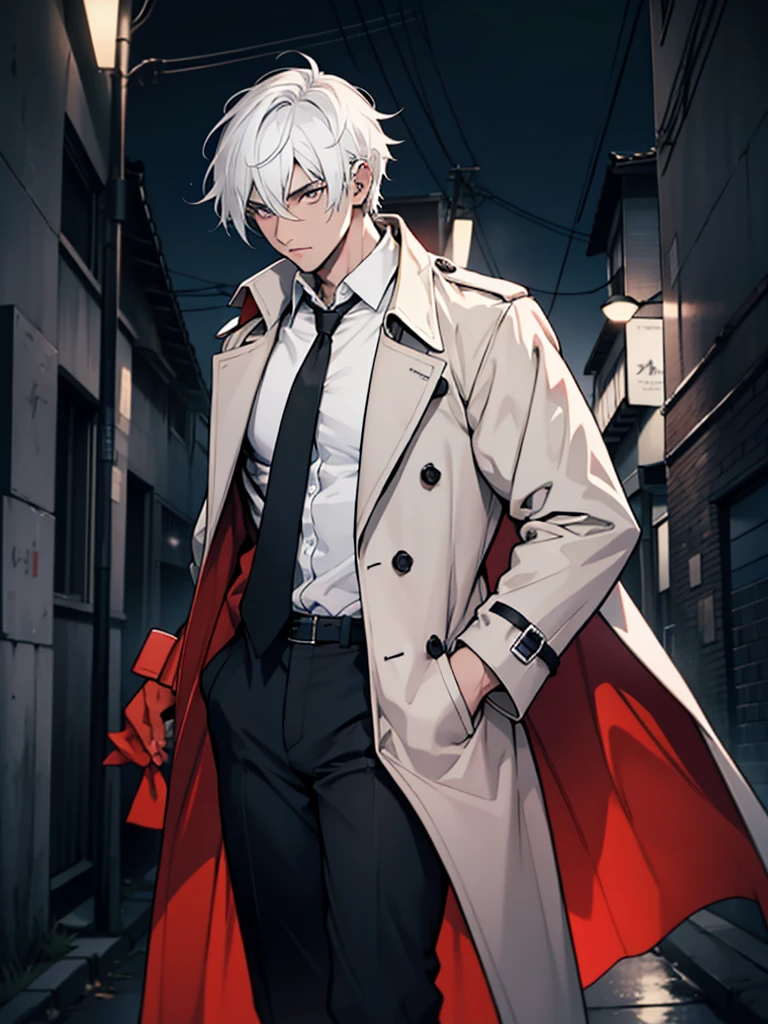 1 boy, 27 years old,Looking at the camera,Male focus, Solitary, Black and white hair, tie, red tie, shirt, trench coat, coat, white shirt, night, outdoor, ((masterpiece))