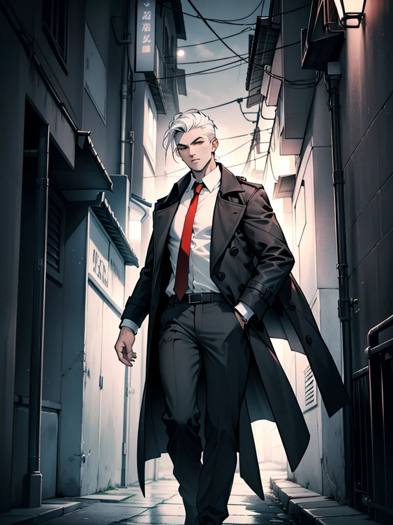 1 boy, 27 years old，Looking at the camera，Male focus, Solitary, Black and white hair, tie, red tie, shirt, trench coat, coat, white shirt, night, outdoor, ((masterpiece))