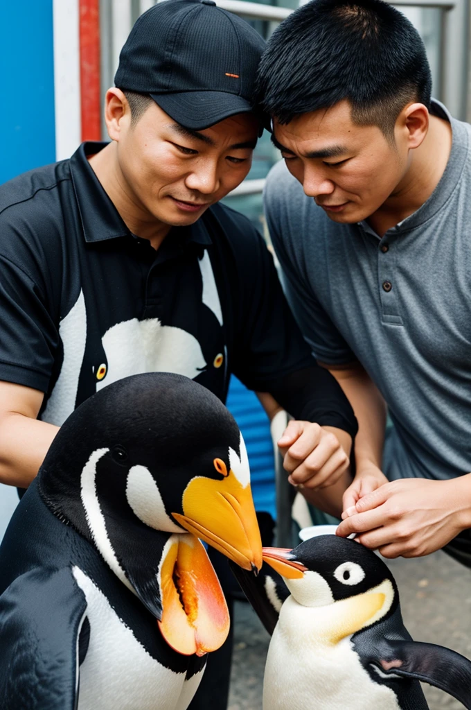 Chinese man eat a peach with penguin