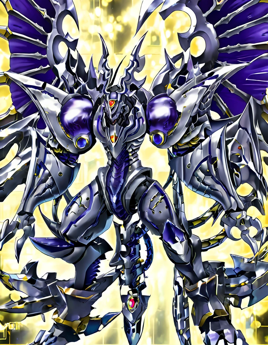 Dynamic pose,From below,whole body,alone,Dorugoramon Gundam,,wing,Yellow Eyes,Cybernetic,was,horn,2D,Intricate details,Gemstone Body,It consists of purple, 