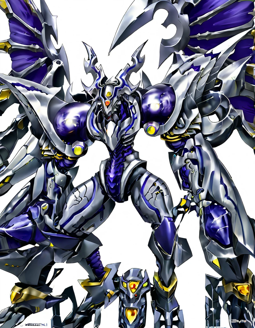 Dynamic pose,From below,whole body,alone,Dorugoramon Gundam,,wing,Yellow Eyes,Cybernetic,was,horn,2D,Intricate details,Gemstone Body,It consists of purple,