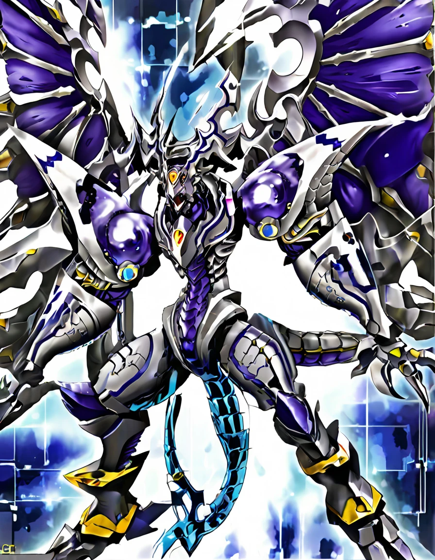 Dynamic pose,From below,whole body,alone,Dorugoramon Gundam,,wing,Yellow Eyes,Cybernetic,was,horn,2D,Intricate details,Gemstone Body,It consists of purple,