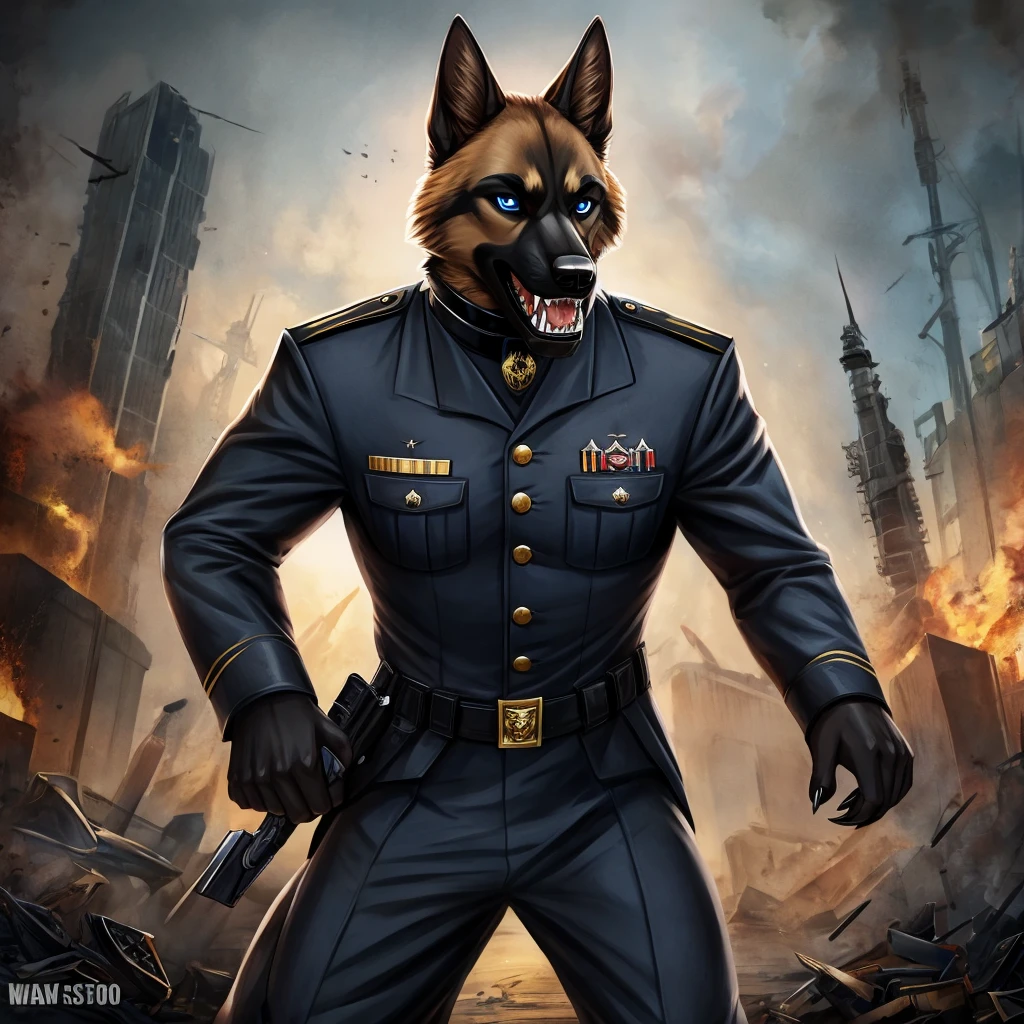 Furry commission, German shepherd, black SS uniform, Sharp teeth, Blue eyes, black collar, pointy black claws, Strong male, psycho,war background.