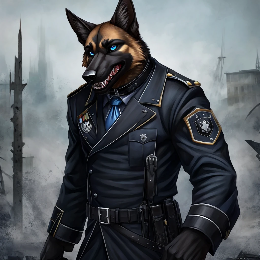 Furry commission, German shepherd, black SS uniform, Sharp teeth, Blue eyes, black collar, pointy black claws, Strong male, psycho,war background.