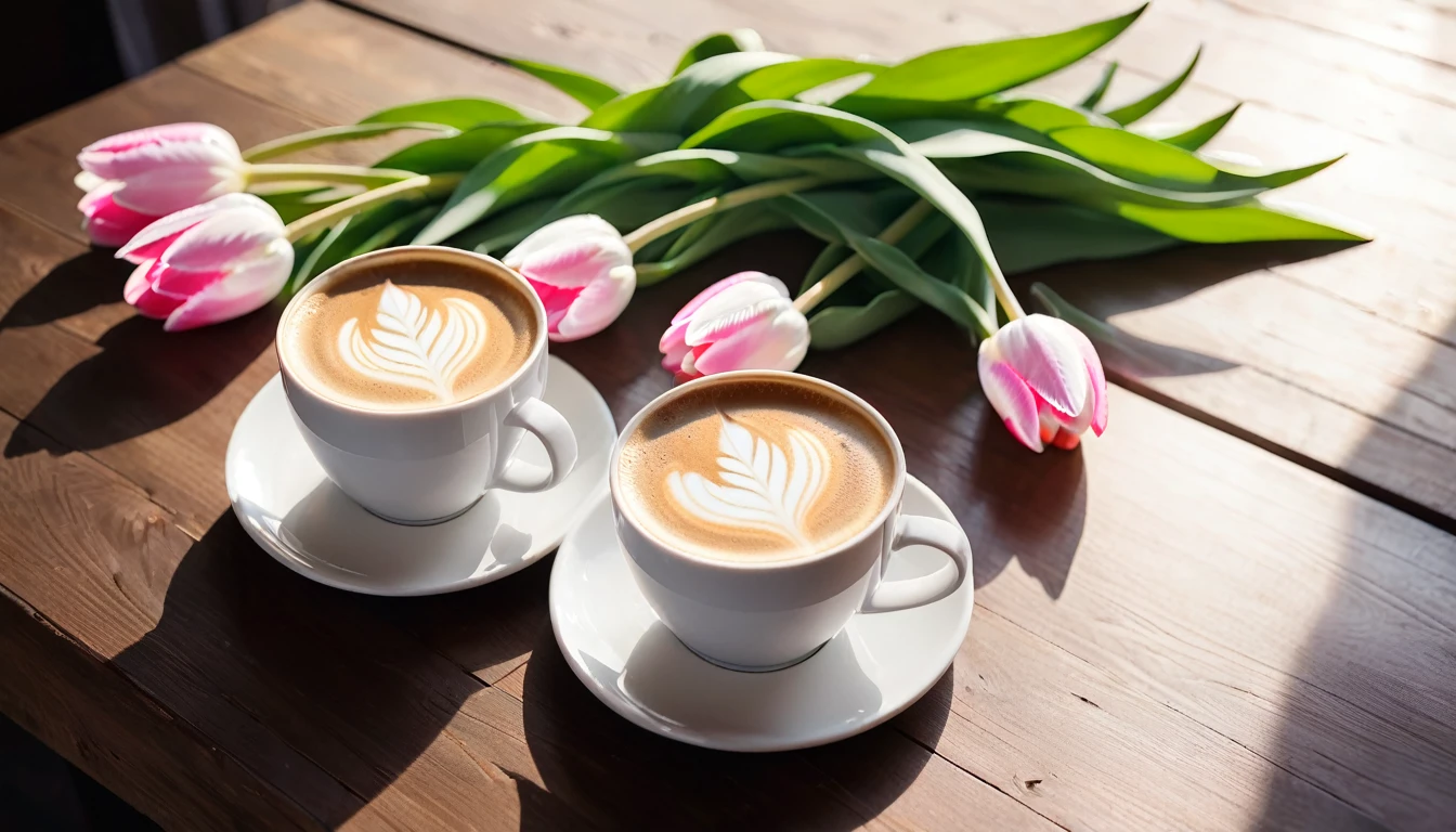 Top-down view。Two white and pink tulips lying flat on a wooden table,Beautifully,Soft light and shadow,beautiful and bright,In the fresh and bright morning,Next to it is a dark black defogged coffee cup.Clearly see the beautiful latte art。Bokeh background adds romantic atmosphere,There are no characters in the whole scene,Seems extremely peaceful and comfortable,With window background,Fresh and bright bokeh background。