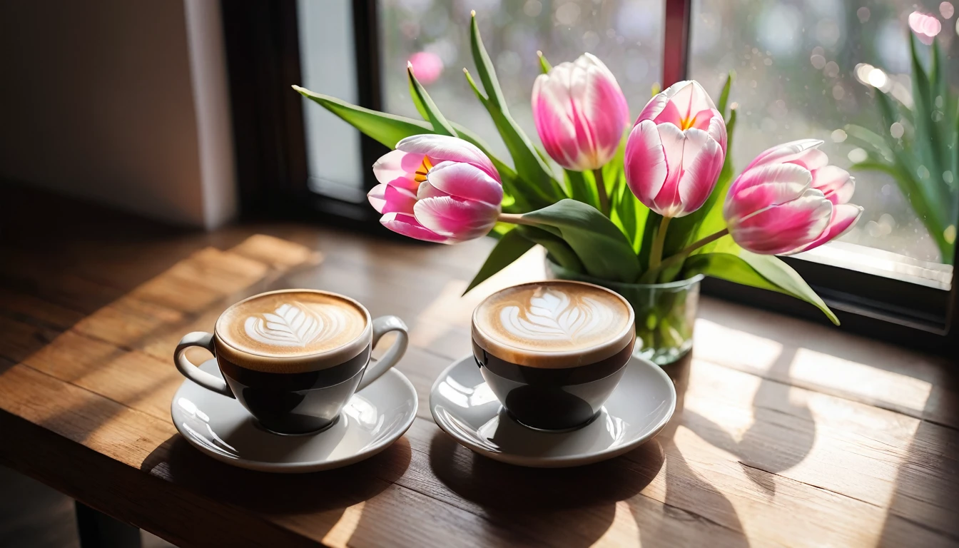 Top-down view。Two white and pink tulips lying flat on a wooden table，Beautifully，Soft light and shadow，beautiful and bright，In the fresh and bright morning，Next to it is a dark black defogged coffee cup.Clearly see the beautiful latte art。Bokeh background adds romantic atmosphere，There are no characters in the whole scene，Seems extremely peaceful and comfortable，With window background，Fresh and bright bokeh background。