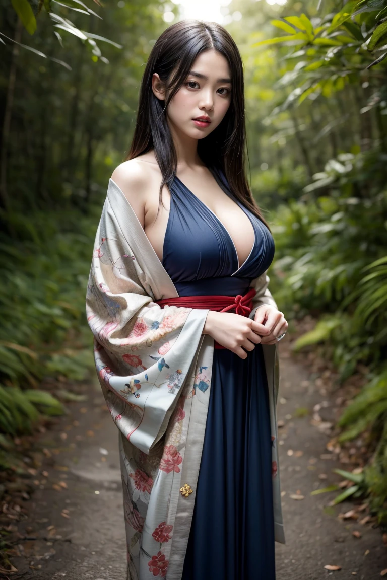 A seductive and mysterious girl with long dark hair, big breasts:1.0, slander body, dressed in traditional Japanese clothing, standing in a moonlit forest. The illustration is inspired by the character Ragawa Kiriko from the manga series "Akatsuki no Yona". The artwork is highly detailed and realistic, with intricate patterns on her kimono and soft lighting. Created by artist WLOP using digital painting techniques. (Concept art, 4k resolution)