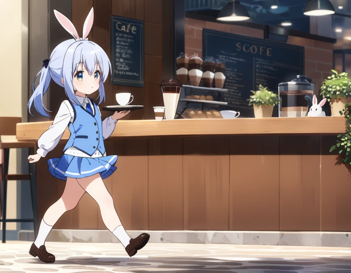 chino, best quality,perfect face, shining eyes, cafe,carrying a tray of coffee,****,full body,blue vest,short skirt,rabbit ornaments, walking,