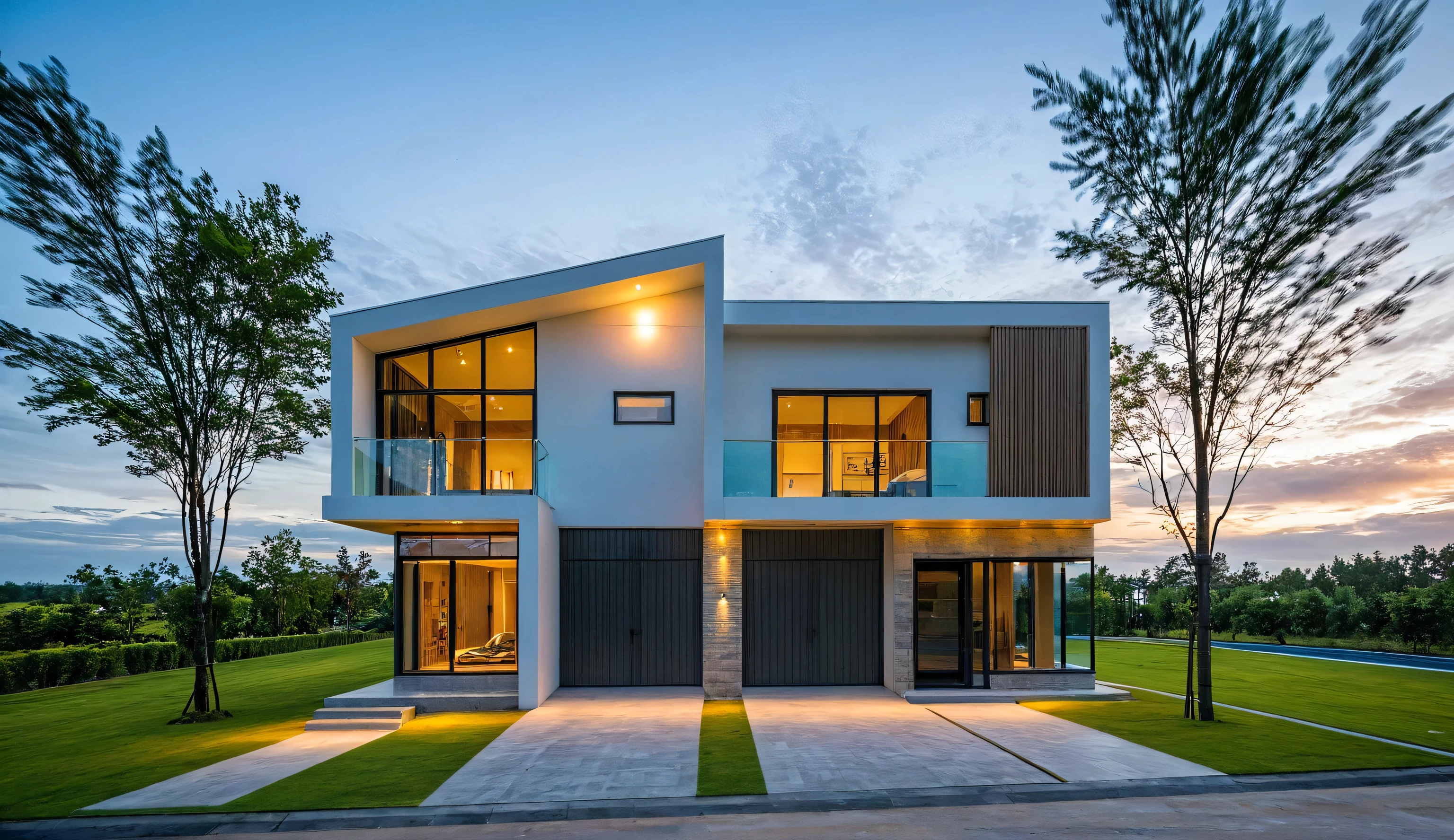 Masterpiece, high quality, best quality, authentic, super detail, outdoors, onestoreyvillaXL, aiaigroup, house style modern with pool , white wall ,pool,wood decking, pavement, grass, trees, dusk sky, cloud, (daylight:1.1)