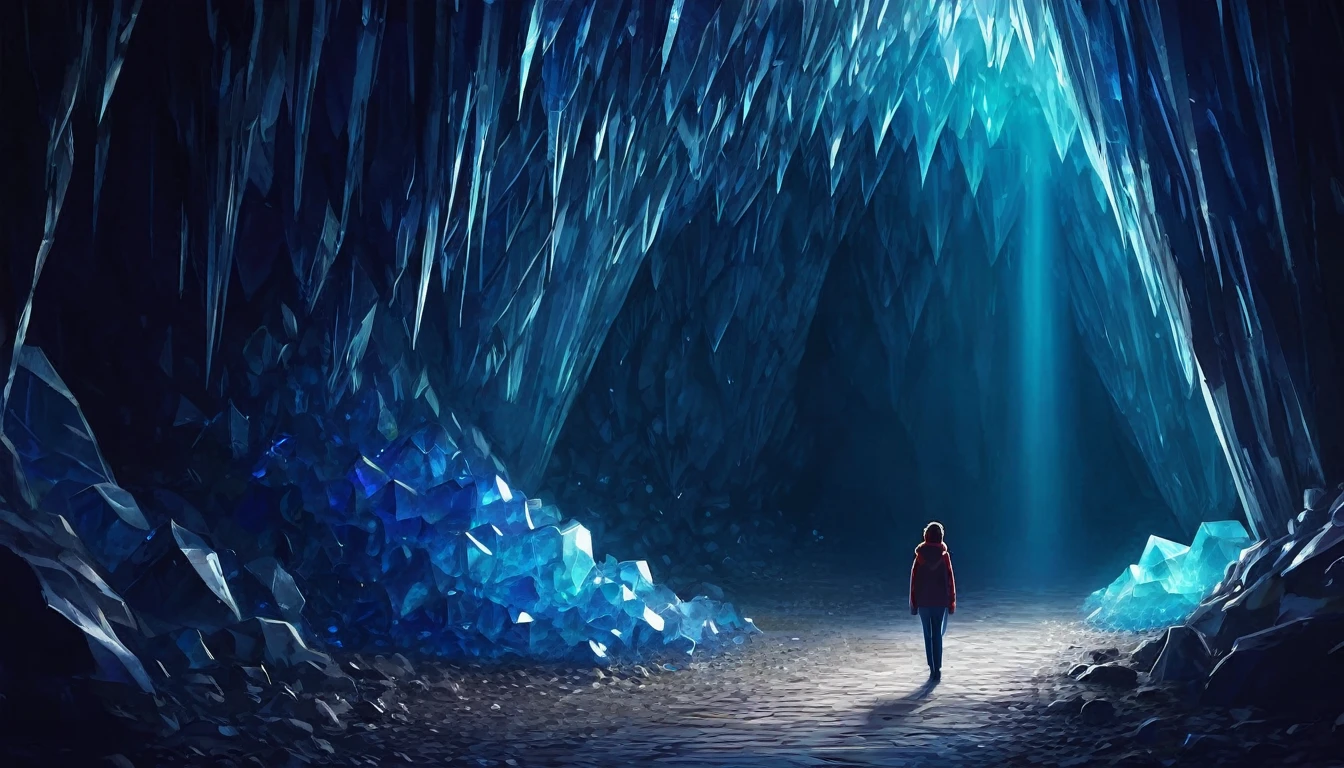 A person, leaving a Crystal Cavern, sad and depressed 