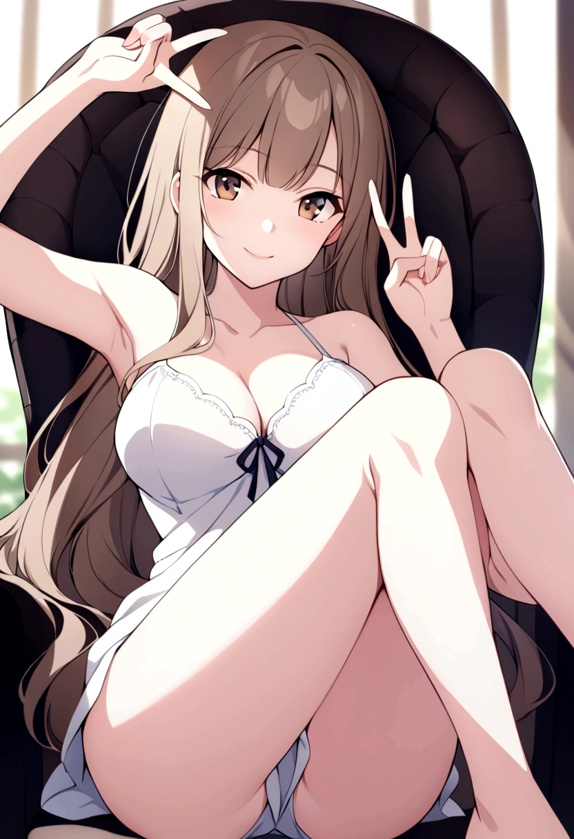slender, mature female,1girl, rating:safe, armpits, solo, v, lips, sitting, brown_hair, breasts, looking_at_viewer, barefoot, blurry, chair, smile, long_hair,on_back, arms_up, depth_of_field, lying, brown_eyes, cleavage, camisole, bangs, closed_mouth, collarbone, nose, legs_up, legs, blue_eyes, medium_breasts, black_eyes, bare_shoulders, arm_up, sunlight