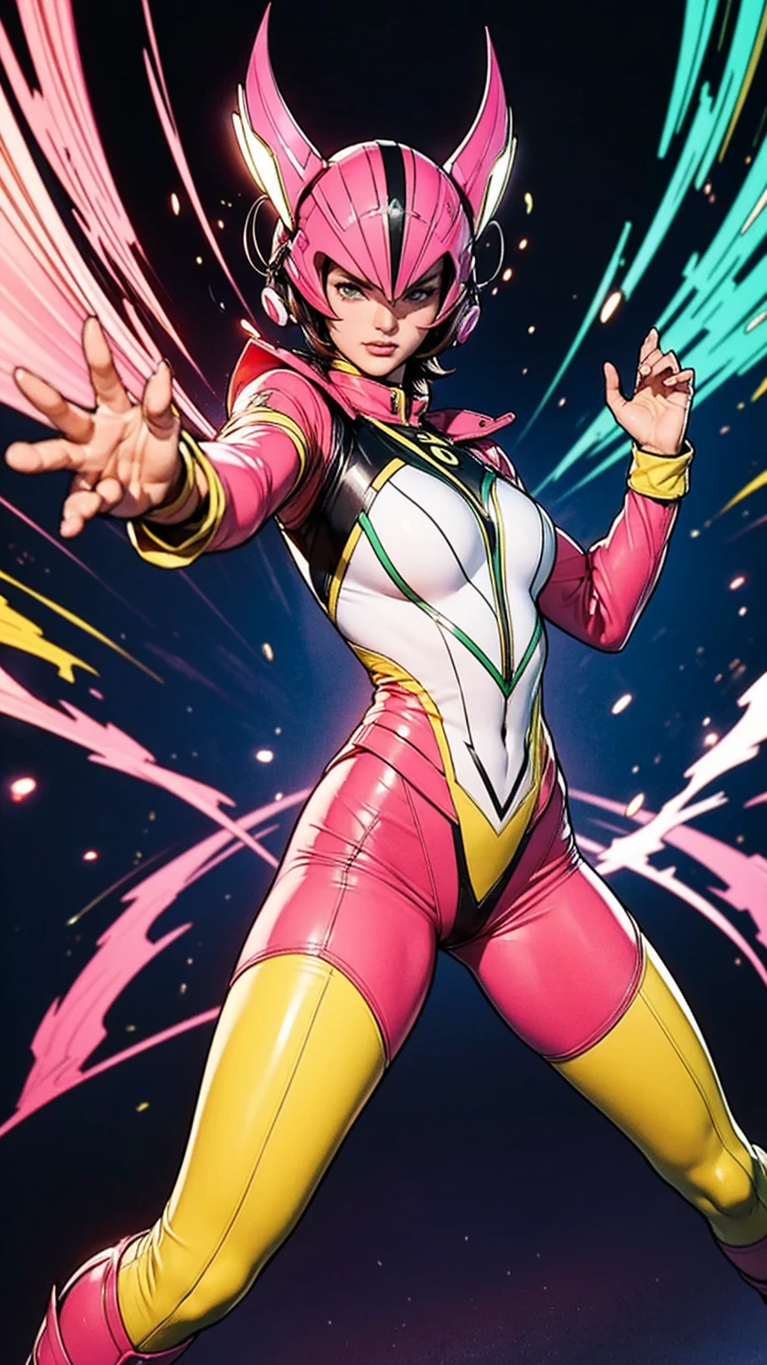 Solo, A brave and courageous image of a 6 member ranger team, Each one is decorated in vibrant colors such as:: ((Pink)), red is front of center, violet, Green, yellow, blue black, white,. Dynamic poses in a background that exudes energy and courage, neon, fire, plasma, Fluorescent, shocking, pink big bomber, splashing pink, running, fighting pose, action pose, Embodying the essence of the classic Sentai superhero team. Each Ranger:: The attire is sophisticated and modern, Each color has elements that reflect its theme., Ready for action. ((Camel Toe)), weapons, in sunset background , in cinematic lighting, cover art mixed cinema poster style,