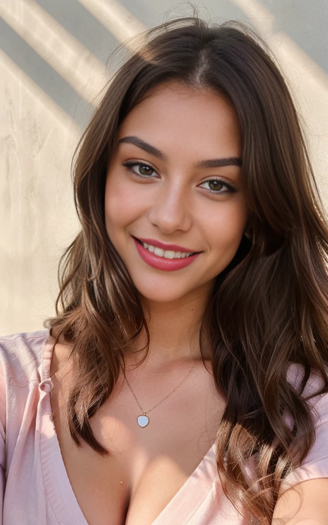 smiling , happy, instagram photo shooting, 21yo American woman using a blush stick, hands holding a lipstick,long hair, brown hair, closeup portrait, shirt, cleavage, tan skin, hard shadows