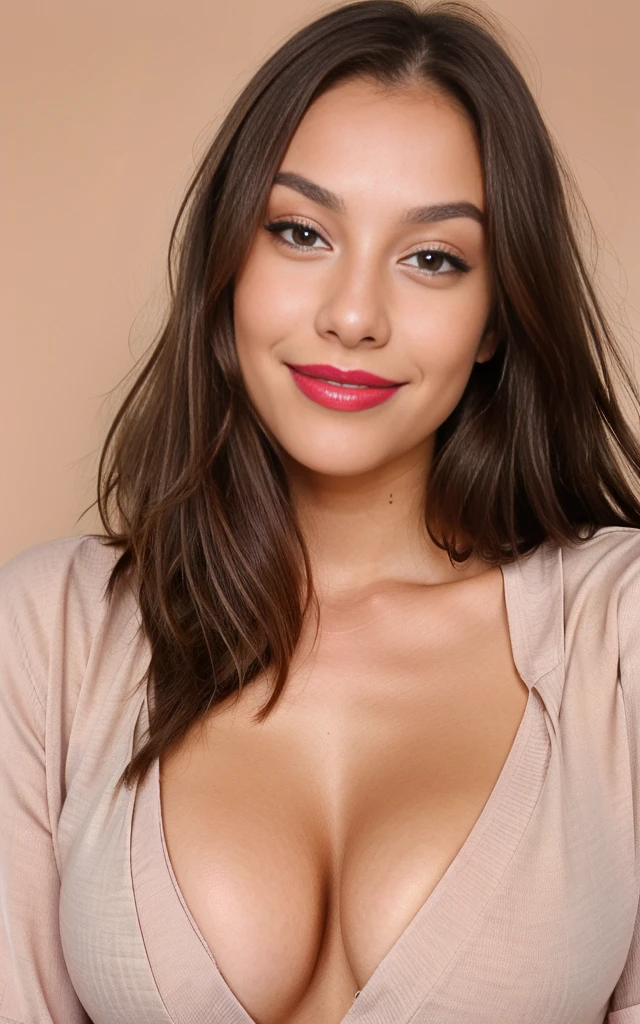 smiling , happy, instagram photo shooting, 21yo American woman using a blush stick, hands holding a lipstick,long hair, brown hair, closeup portrait, shirt, cleavage, tan skin, hard shadows