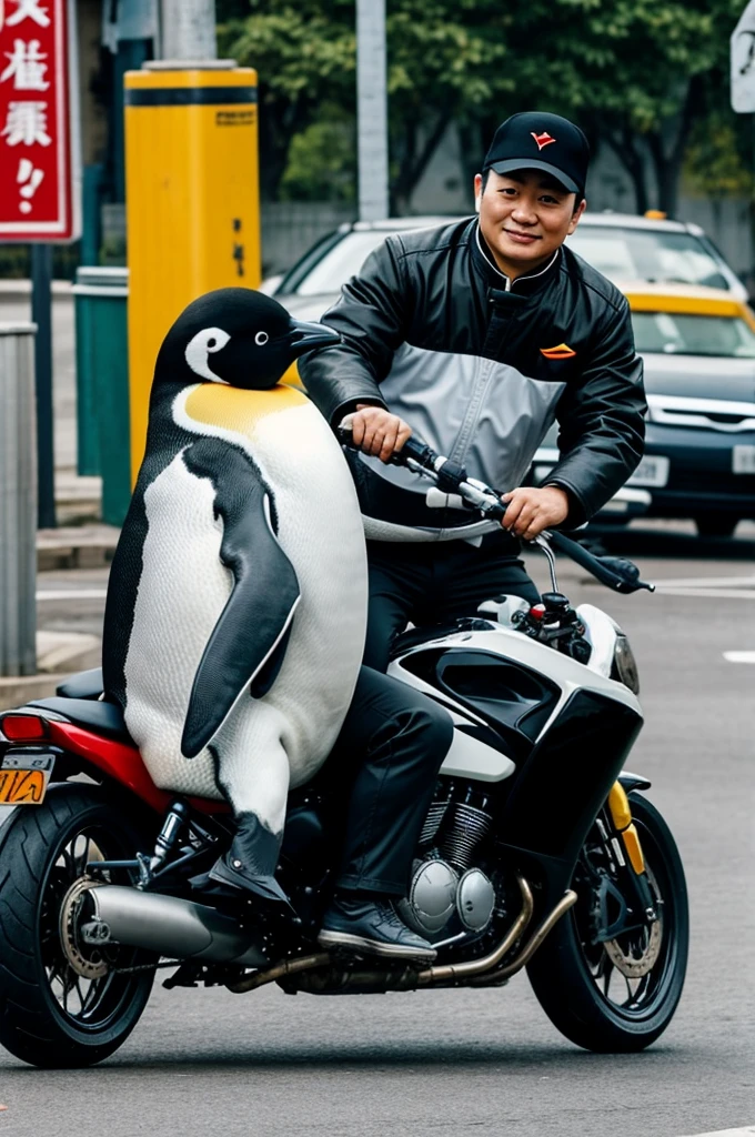 Chinese man and penguin riding a motorcycle