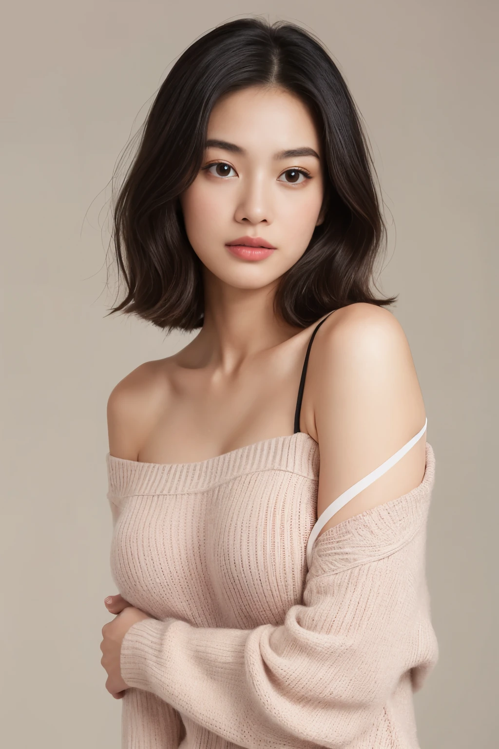 (colored picture), Photo realistic of beautiful asian、slender abs, (Highlight Haircutreast A Cup:1.2), small breast, round shape breast, perfect shape breast,(( )), She should have a serene expression, with large, expressive eyes and rosy lips. The woman is wearing an elegant light pink, off-the-shoulder sweater, with a hint of a (((black strap visible))), set against a soft, neutral background that emphasizes her gentle and stylish appearance