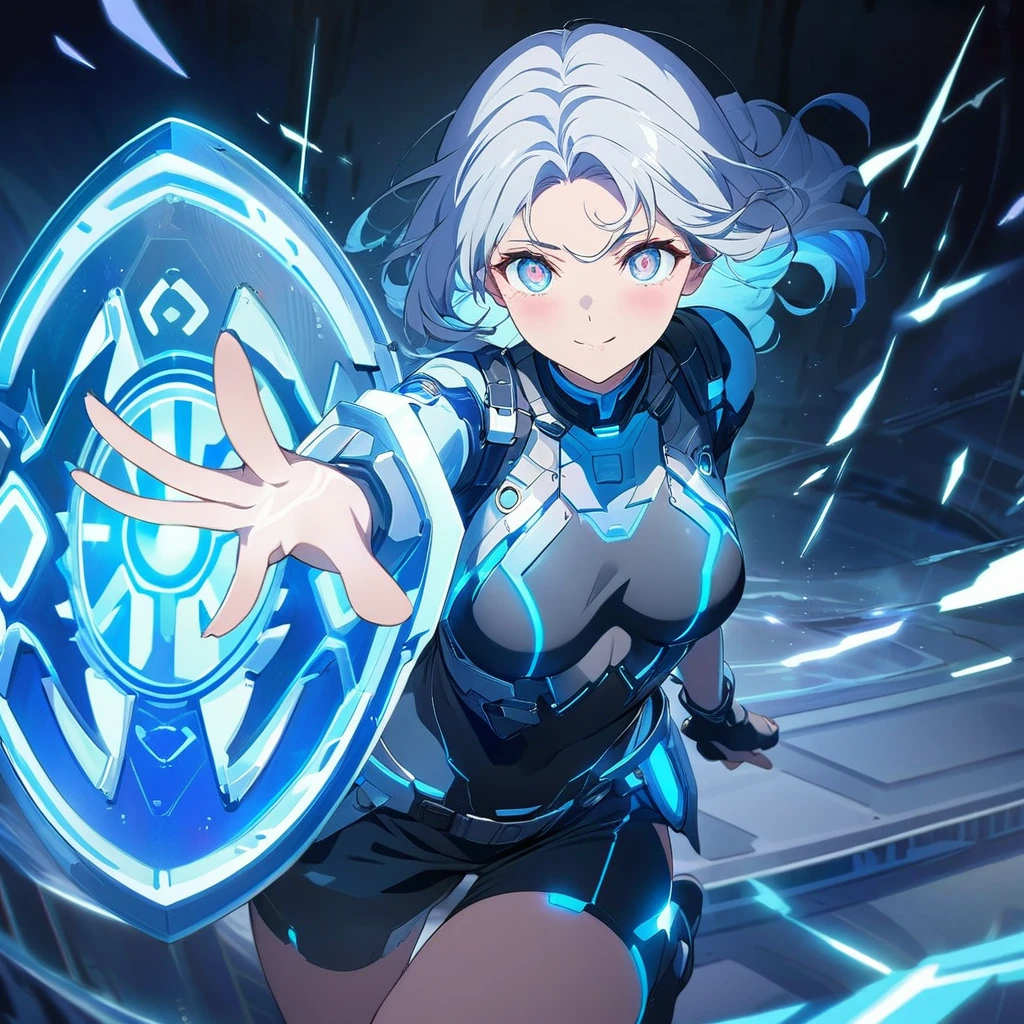 an image of a gentle girl with short, silvery-blue hair, wearing a futuristic, battle-ready outfit with glowing blue elements. She has a kind expression on her face, characterized by soft, warm eyes and a gentle smile with relaxed features. She is generating a large, translucent energy shield that shimmers with blue light, protecting herself and an area around her. The girl should be in a dynamic yet gentle pose, with one hand outstretched towards the viewer as if she's directing the shield and the other hand resting gently by her side. Her stance is strong yet relaxed, with one leg slightly bent. The background is dark and dramatic, with hints of blue light and energy waves illuminating their figures. The shield should have intricate, glowing patterns, enhancing the sense of her power and gentle control, (nude:0.8), detailed gorgeous face| anime style| key visual| intricate detail| highly detailed| breathtaking| vibrant| panoramic| cinematic| Carne Griffiths| Conrad Roset| gibbli 8k