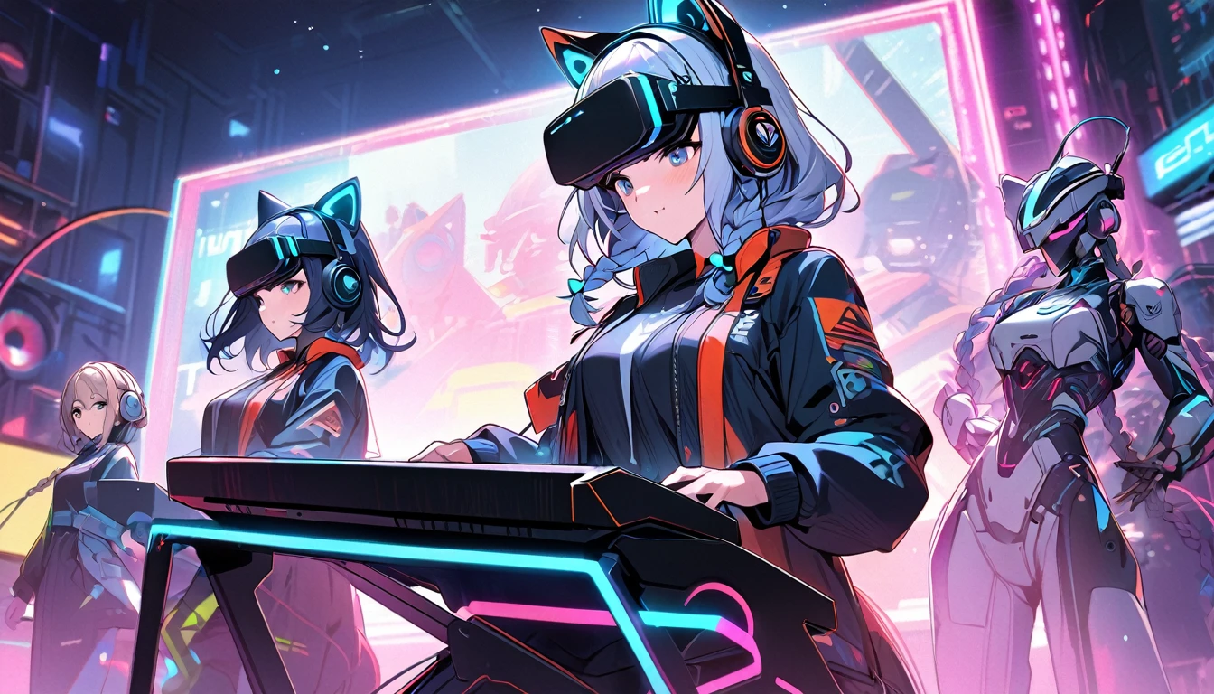 3 beautiful girls, single, short hair, long hair, braids, glowing wires Wears a half hat, headphones, cat ears, mixed with sci-fi and neon tones. In the background is a robot with neon lights. The background image is a large robot, clearly visible. ,On stage, playing keyboard, 2 people wearing VR helmets