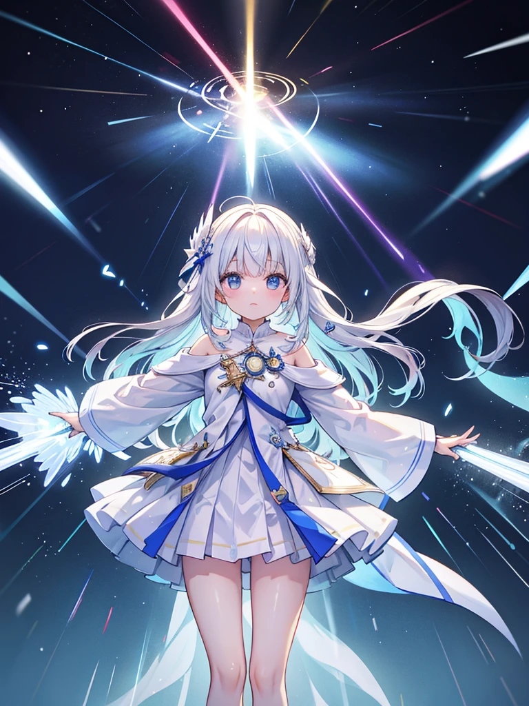 white arc shaped lights raining down