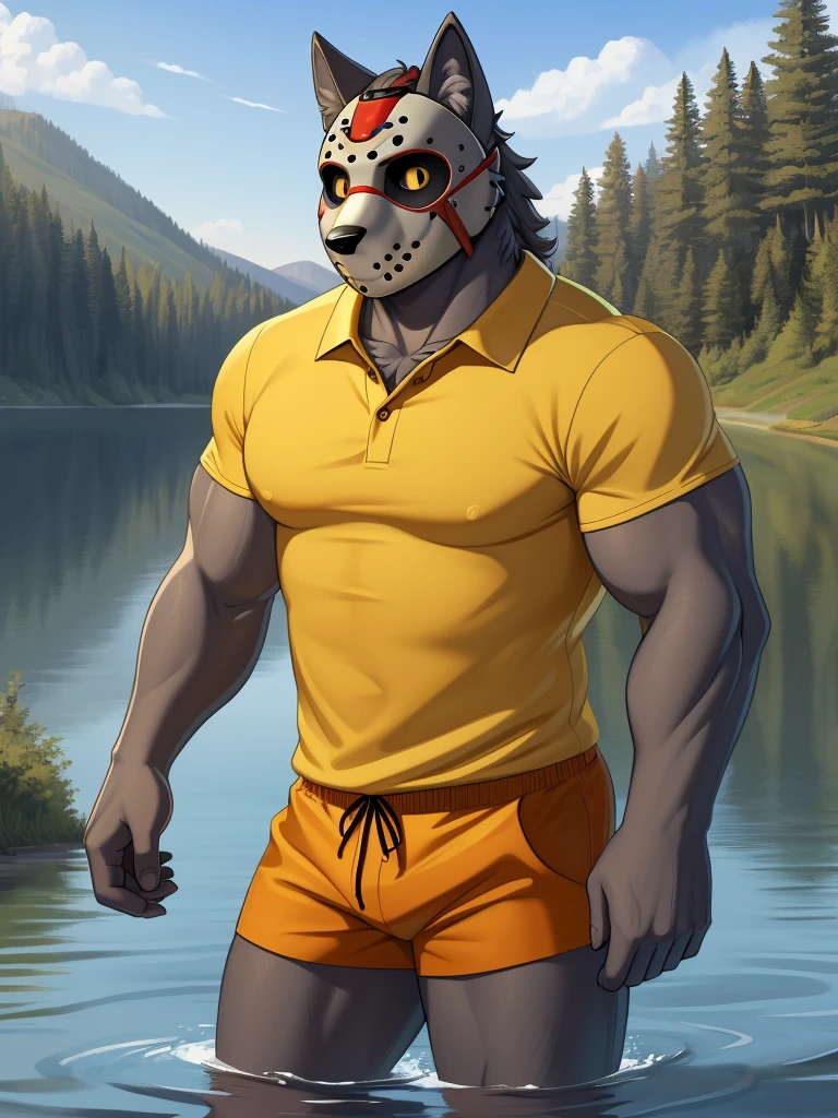 (masterpiece, 4K, ultra detailed), Jason Voorhees, wolf furry, dark gray fur, single, masculine, jason's white hockey mask, muscular, sunny, smooth lining, smooth shading, pubic hair, lake, yellow polo shirt, red swim trunks, cartoony