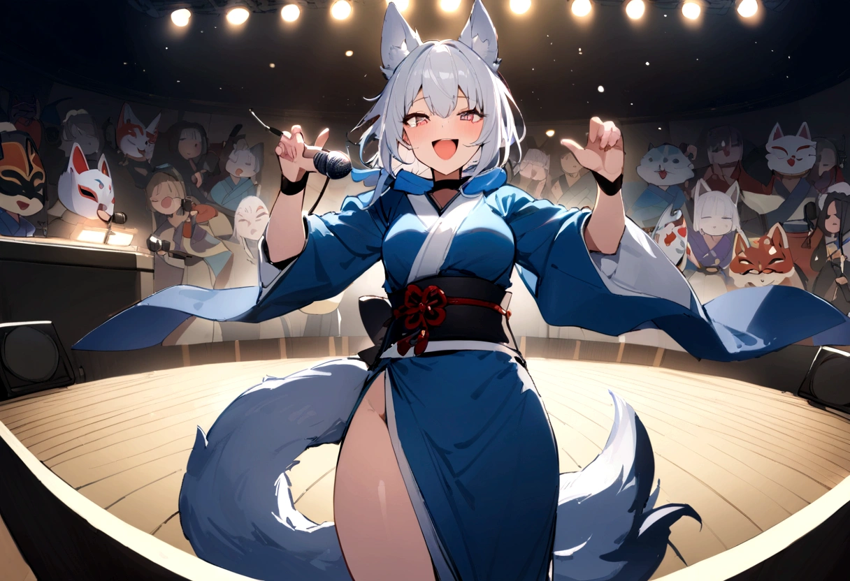 smile、Wink、microphoneを持って叫ぶ、Enthusiastic singing、Shout with your mouth wide open、Sing a song、microphone、(masterpiece, best quality:1.2), 1girl, 独奏,Wolf girl, fox mask, ninja, girl, long white hair, odd eyes, blue kimono, ninja girl, red and blue scarf, fantastic atmosphere.night、Singing on stage、microphoneを持って叫ぶ、Fisheye Lens、hair、Aside exposure、Black fox mask、Shining Spotlight