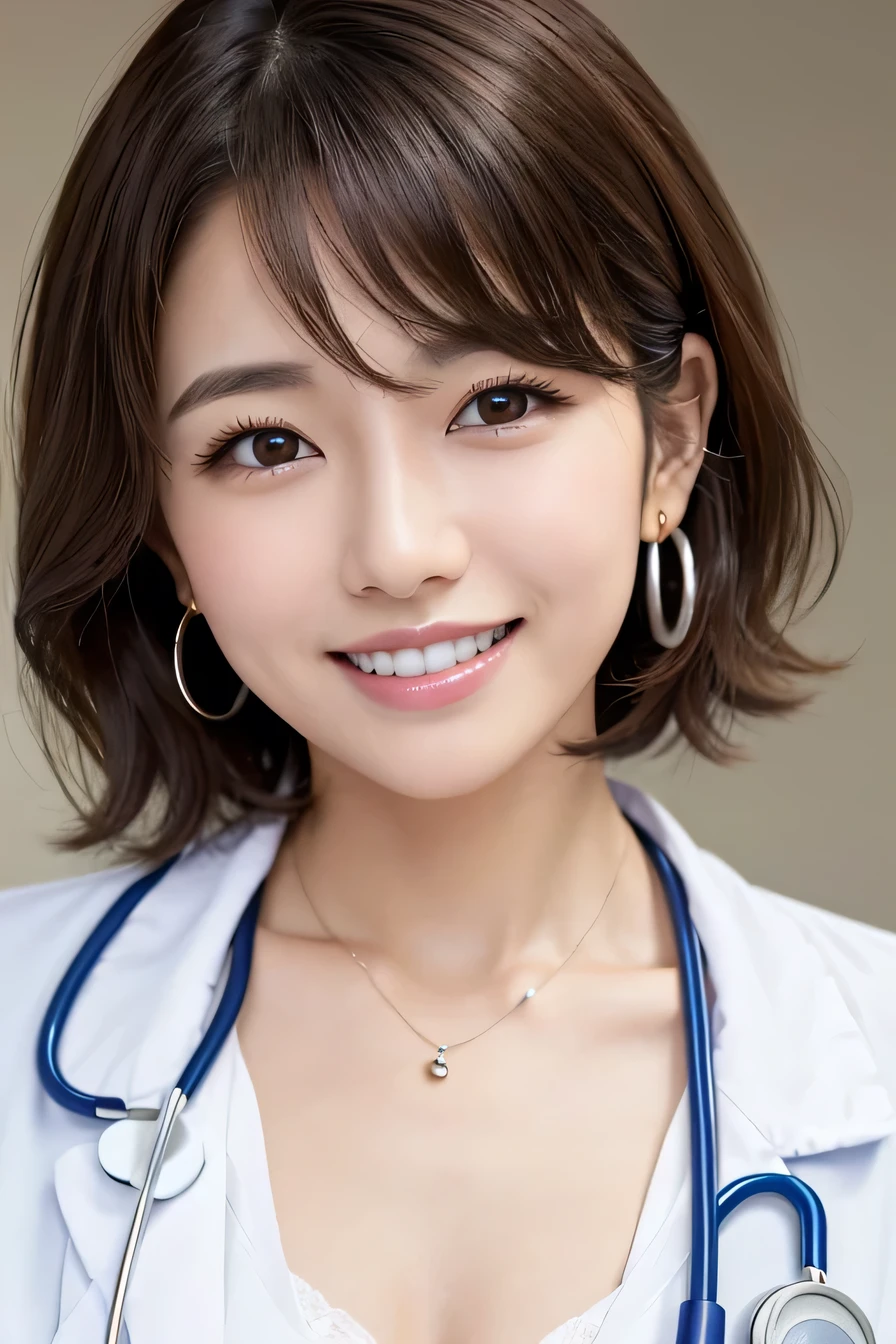 Ugly woman、 Japanese women、Light brown hair、Necklace around the neck、White、Doctor's attire、Stethoscope、、smile、Emphasis on teeth、short hair、Wavy Hair、Intricate details, Very detailed:1.2), 、 Looking into the camera,The background is the operating room...、ear piercing