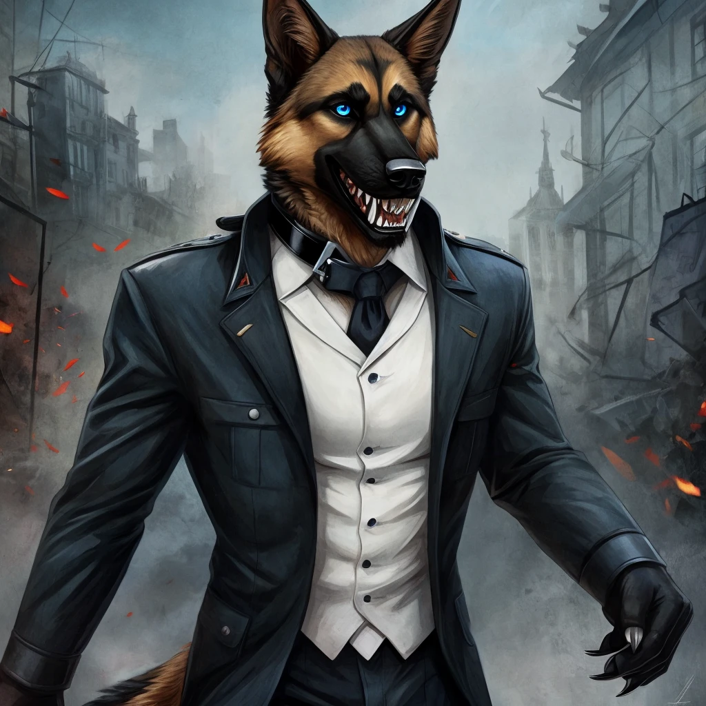 Furry commission, German shepherd, black SS uniform, Sharp teeth, Blue eyes, black collar, pointy black claws, gentleman, psycho,war background.