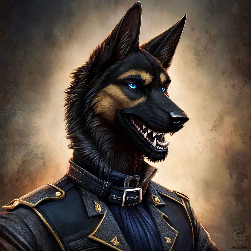 Furry commission, German shepherd, black SS uniform, Sharp teeth, Blue eyes, black collar, pointy black claws, gentleman, psycho,war background.
