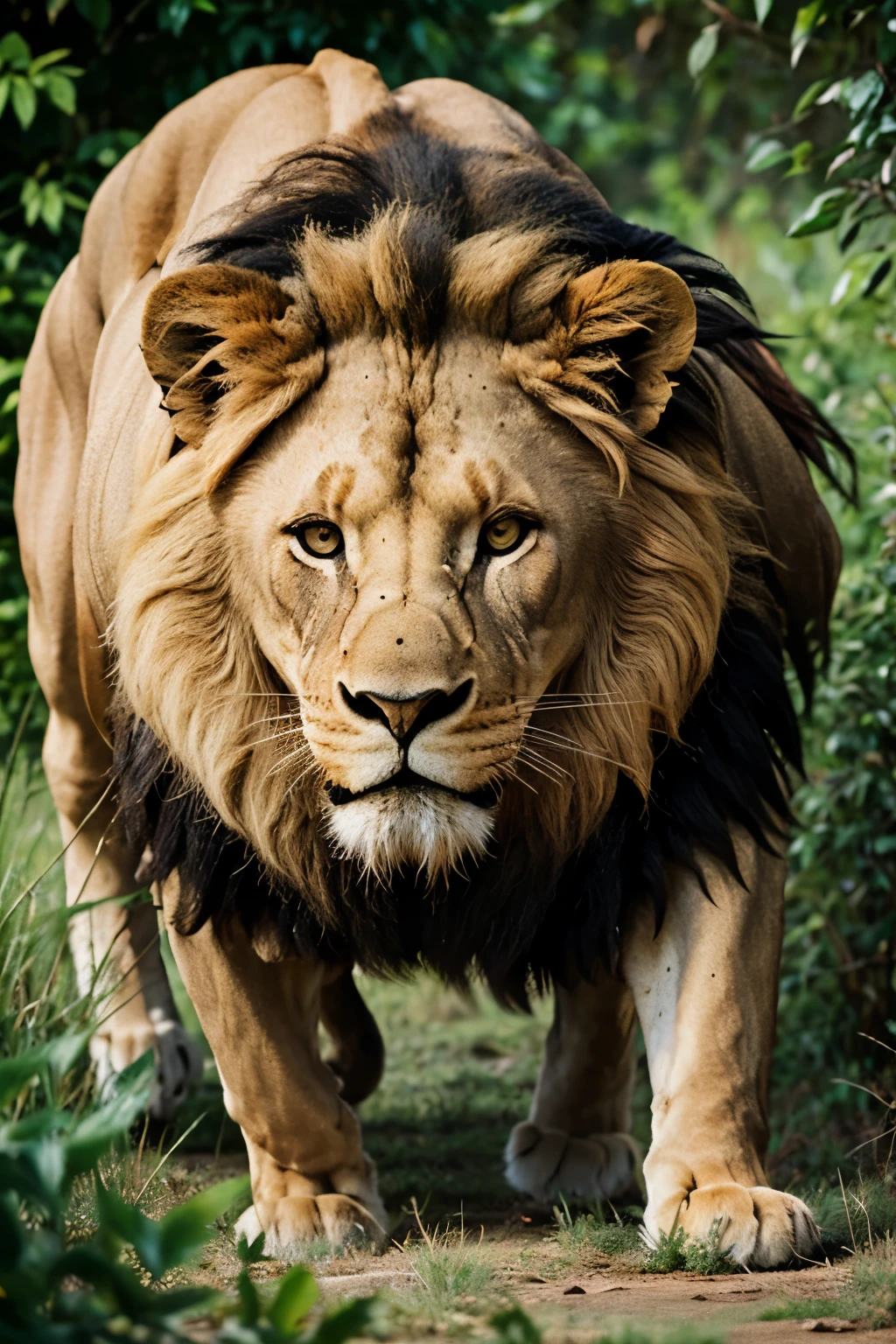 Image of lion ambushing for its prey lion has to look very  and has to cover it behind bushes. Trees has to cover the body of lion only half face has to be visible with bushes around 