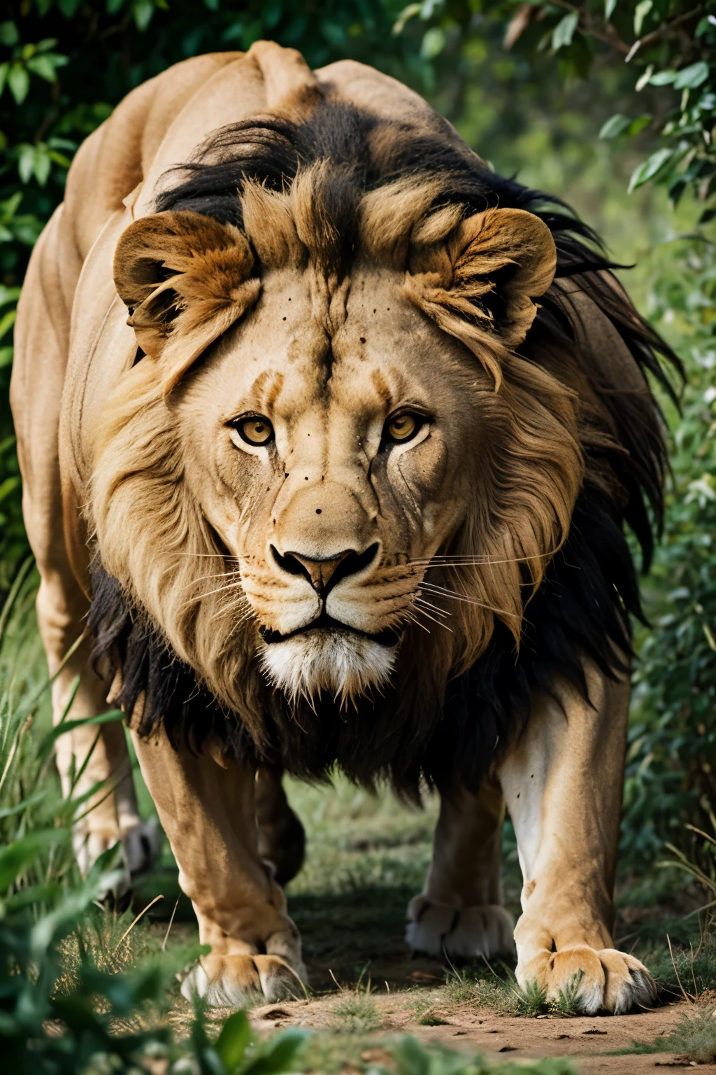 Image of lion ambushing for its prey lion has to look very fierce and has to cover it behind bushes. Trees has to cover the body of lion only half face has to be visible with bushes around 