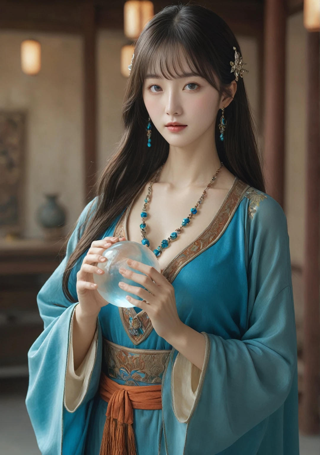 (RAW photo, highest quality), (Real, Photorealistic: 1.3), highest quality, high definition, masterpiece, ultra-definition, illustration, one female fortune teller, whole body, dynamic angle, ultra-definition CG unified 8k wallpaper, ink , Amazing, Movie Full Body, Dynamic Angle, World Mastery Theater, Long Hair, Top Quality, Highly Detailed CG Unified 8K Wallpaper, Ink, Amazing, Movie Light, Lens Flare, Dunhuang Style, Detailed Face, Beautiful Rendering of Tang Dynasty, (Intentional: 1.5), Woman holding a crystal in both hands, Wearing a blue cloak, Inspired by Faye Danche, Brown hair and bangs, High resolution screenshot, Nicovideo, Normal hands , bright colors, full face shot of Rimuru Tempest, nice studio lighting, VHS screenshots, beautiful detailed face