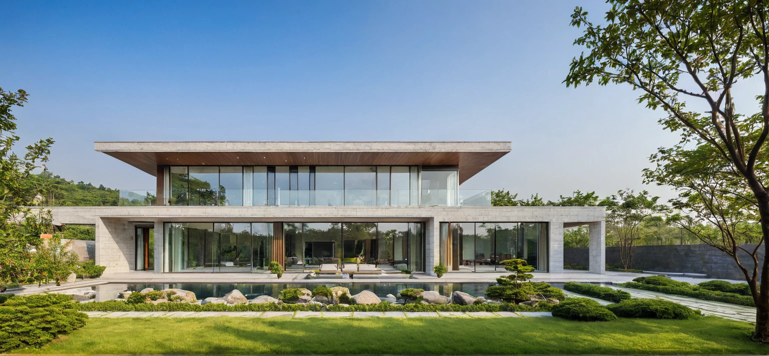 qlcd,tingyuan, photo of modern villa, grassland, garden, shrubs and trees, rock decoration, clear sky, sun light, realistic photo