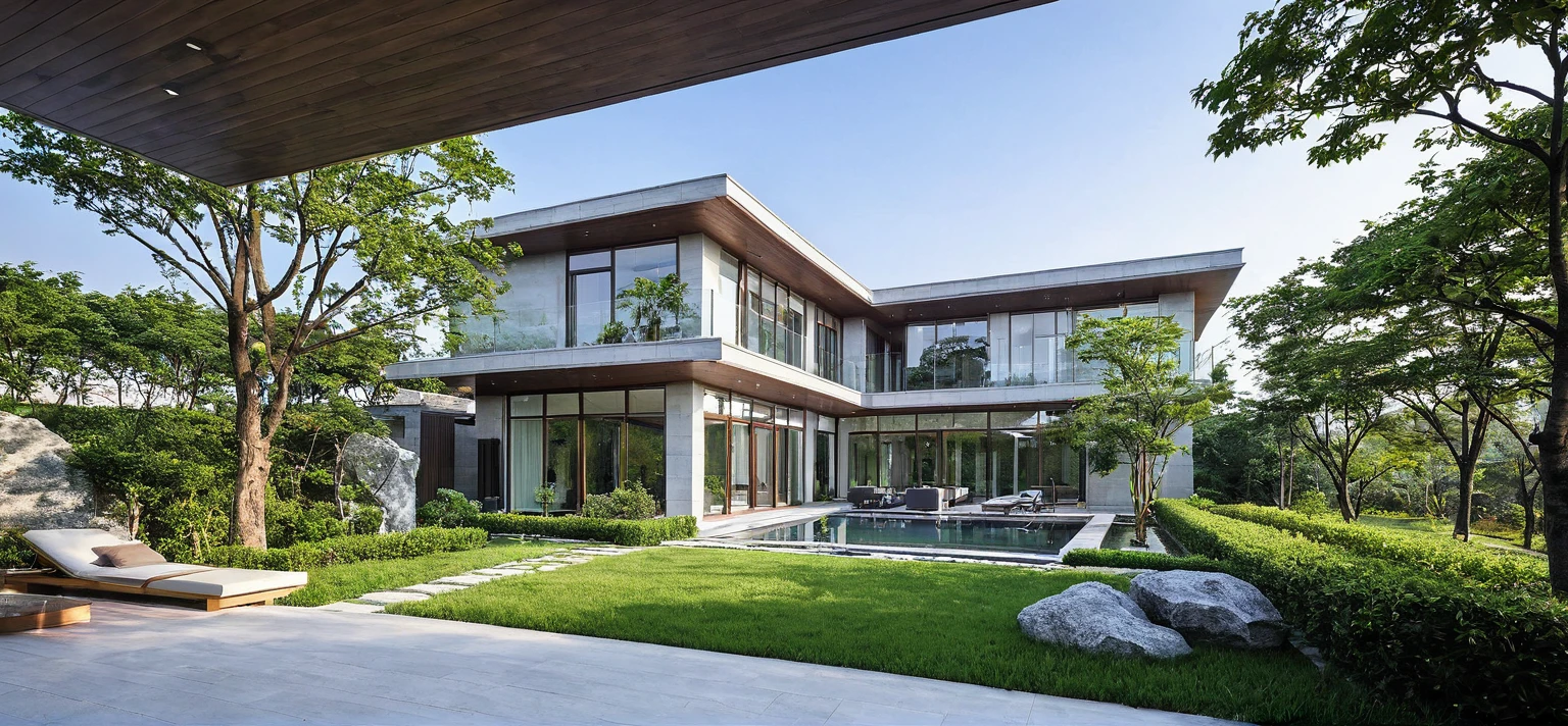 qlcd,tingyuan, photo of modern villa, grassland, garden, shrubs and trees, rock decoration, clear sky, sun light, realistic photo