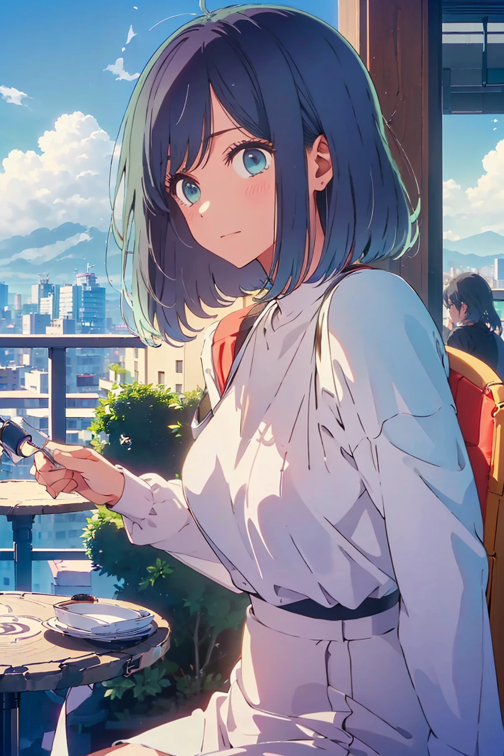 (Highest quality:1.4、8K:1.4、detailed)、F cup bust、Big Breasts、Slim body、Very white beautiful skin、((((1 person、smile、Surprised expression、sit、Chair、In the background are the urban buildings of Tokyo、looking at the camera、Indoor cafe terrace、Navy hair color、Straight Long Hair、juice、table、Shooting up close、Shooting from an angle、Very cute face))))、(Pose with hair tucked behind ear with one hand:1.4)、(Off-the-shoulder blouson)、nude、Areola、Nipples、Very blue sky、A completely cloudless sky