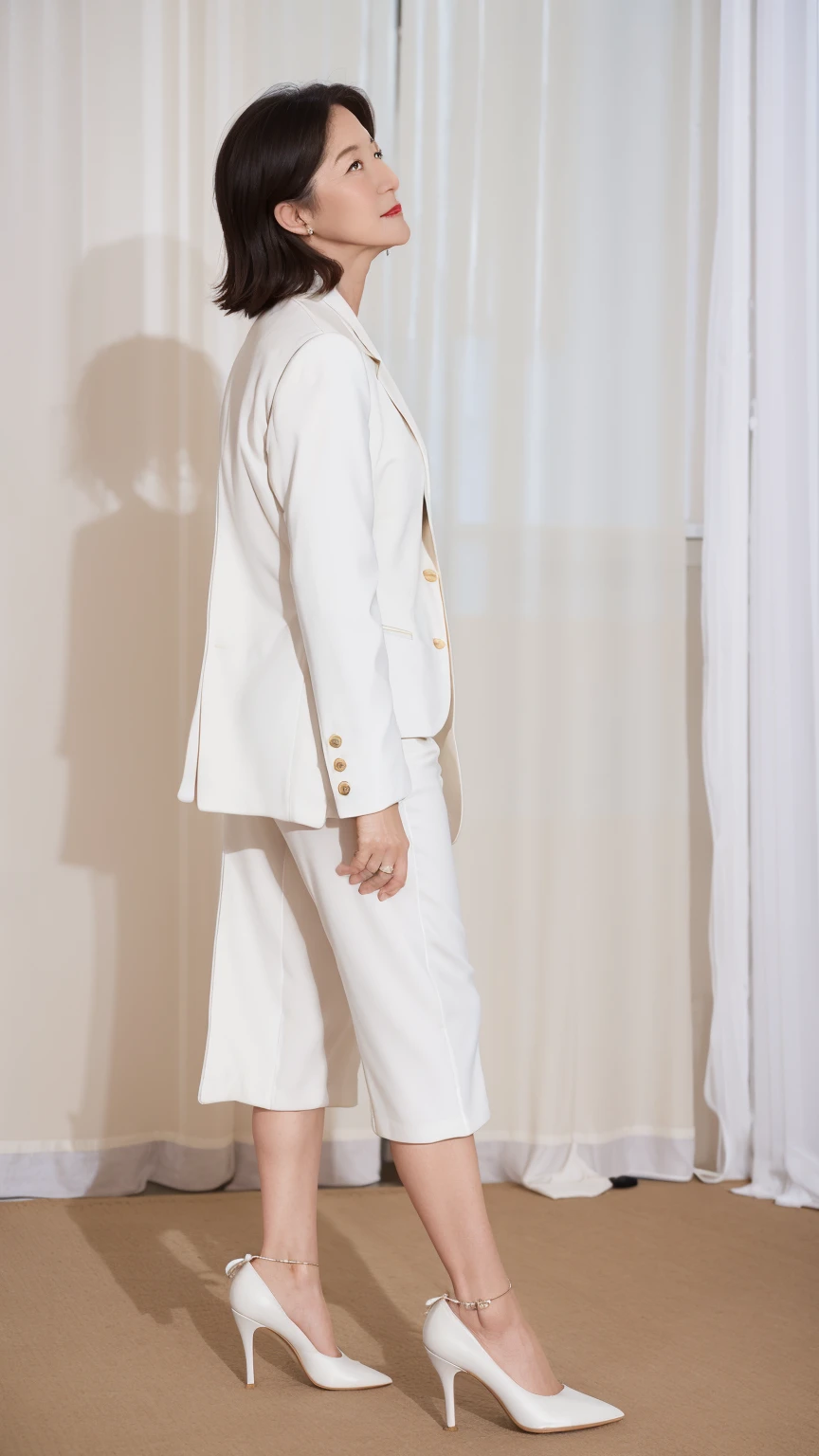60-year-old female, Soft headlight,High-density imaging,(Clean and delicate face),((Looking to the side)),((White suit)),((((full-body shot)))),((((White mid-heeled shoes)))),((White curtains in the background)),best quality,masterpiece,(Soft colors:1.2)