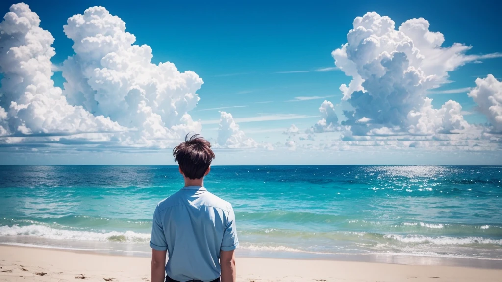 ### Prompt for Generating Flawless Illustration:
"Generate an illustration of a man standing along a serene coastline under the sunlight. Behind him, cumulus clouds fill the summer sky, which stretches high and blue. His expression reflects tranquility and a profound connection with nature, creating a harmonious scene."

### Anime-style Thumbnail for YouTube:
"Create an anime-style illustration for a YouTube thumbnail depicting a man gazing at a summer sea. Behind him, cumulus clouds float in a vast, clear sky. He stands with a poignant expression, evoking a sense of melancholy."

### Negative Prompt:
"Generate an illustration where a man is facing away from the viewer, looking out at a tranquil summer sea. The sky above features cumulus clouds against a high, summer-blue backdrop, conveying a deep sense of loneliness and melancholy."