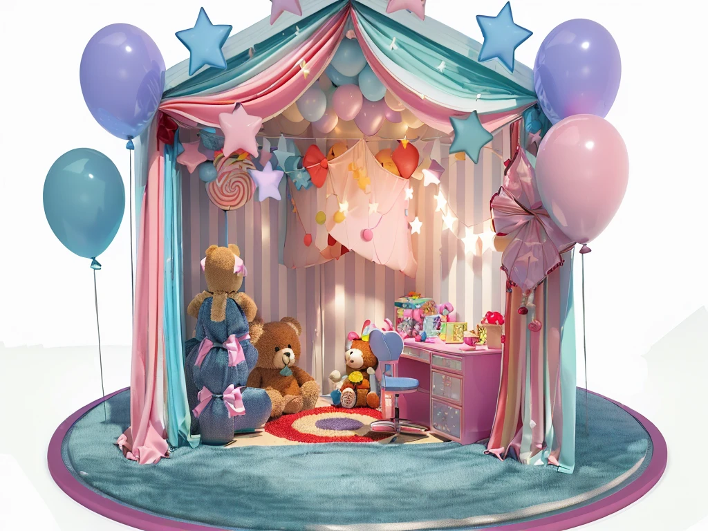 there is a small tent with balloons and a teddy bear, toy room, in a candy land style house, inside a child's bedroom, inside a circus tent, circus background, candy hospital room, 3 d stylize scene, photograph of 3d ios room, in a colorful tent, childs bedroom, cute 3 d render, magical area, personal room background