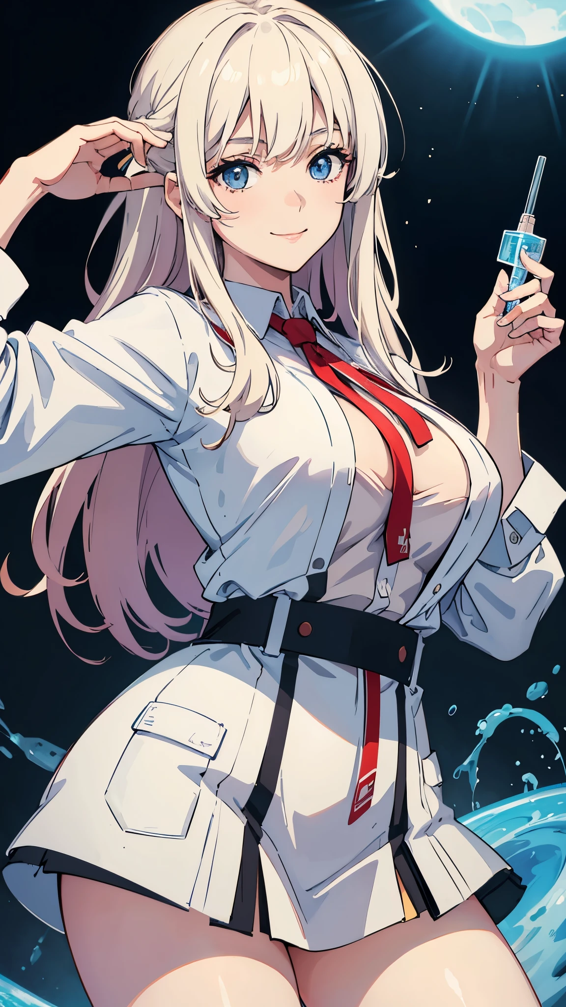 Highest quality、woman、White、Scientist、Holding a syringe、Suspicious Smile、Large Breasts