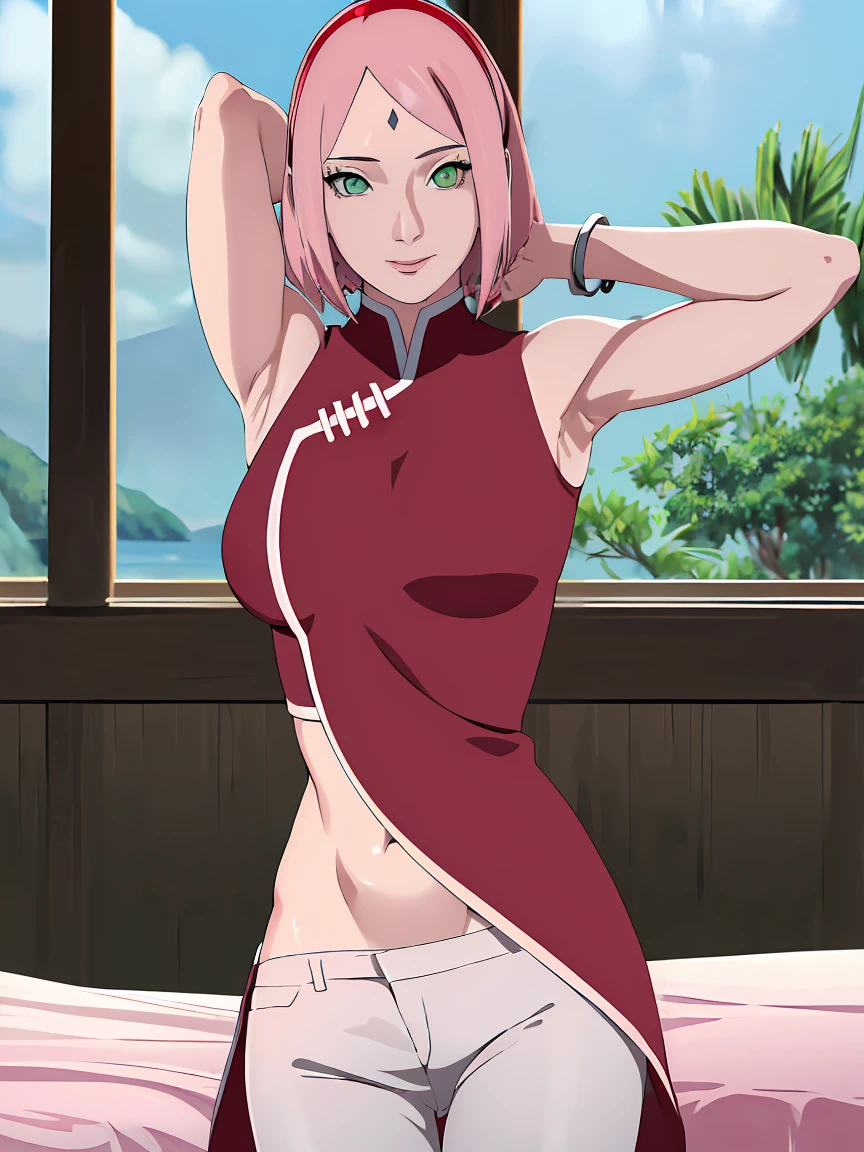 masterpiece, 1k, portrait, face shot, professional artwork, detailed beach background, intricate details, colorful, digital blending, (ultra detailed body, ultra detail hair, ultra detail face), trending on pixiv, kind smile, very hot color, best quality, anime style: 1.9, 1girl, hires, haruno sakura, (forehead mark, milf, red hairband, pale skin, short hair, ((red sleeveless dress), white pants), (navel, belly button, groin, bracelet, pink hair), (ultra detailed green eyes), smile, (((bedroom))), ((((sexy pose))))wind, floating hair, detailed arms, off-shoulders, slightly muscular arms, (dirty armpits), standing)