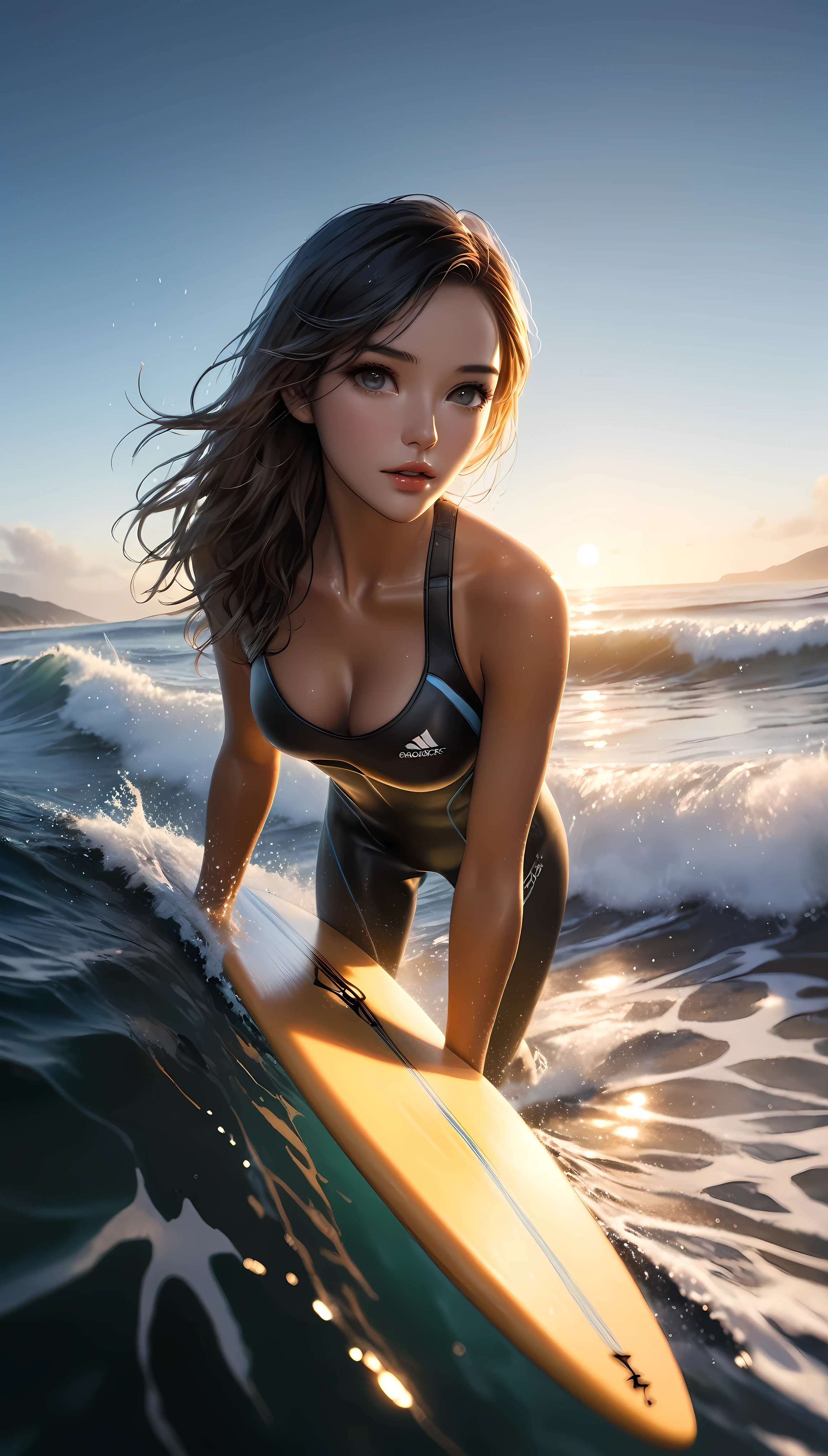 ((Masterpiece in maximum 16K resolution):1.6),((soft_color_photograpy:)1.5), ((Ultra-Detailed):1.4),((Movie-like still images and dynamic angles):1.3), ((motion blur):1.1),((Ultra wide angle):1.5),((fisheye lens photo):1.3). | ((A high-resolution image of a female surfer standing at the ocean surface during sunrise, full body view, beautiful detailed eyes, beautiful detailed lips, extremely detailed face, long eyelashes, wet hair, ocean waves, golden sunrise sky, sun rays, wet skin, surfer wetsuit, dynamic pose, ocean mist, photorealistic, (best quality,8k,highres,masterpiece:1.2),ultra-detailed,(realistic,photorealistic,photo-realistic:1.37),HDR,studio lighting,vivid colors,professional photography):1.5), ((professional surfer form):1.3), ((back view):1.1), ((motion blur):1.2), ((view from back):1.2), ((diving athlete ):1.1), (sport atmosphere), (shimmer), (visual experience), (Realism), (Realistic), award-winning graphics, dark shot, film grain, extremely detailed, Digital Art, rtx, Unreal Engine, scene concept anti glare effect, All captured with sharp focus. Rendered in ultra-high definition with UHD and retina quality, this masterpiece ensures anatomical correctness and textured skin with super detail. With a focus on high quality and accuracy, this award-winning portrayal captures every nuance in stunning 16k resolution, immersing viewers in its lifelike depiction. Avoid extreme angles or exaggerated expressions to maintain realism. ((perfect_composition, perfect_design, perfect_layout, perfect_detail, ultra_detailed)), ((enhance_all, fix_everything)), More Detail, Enhance.